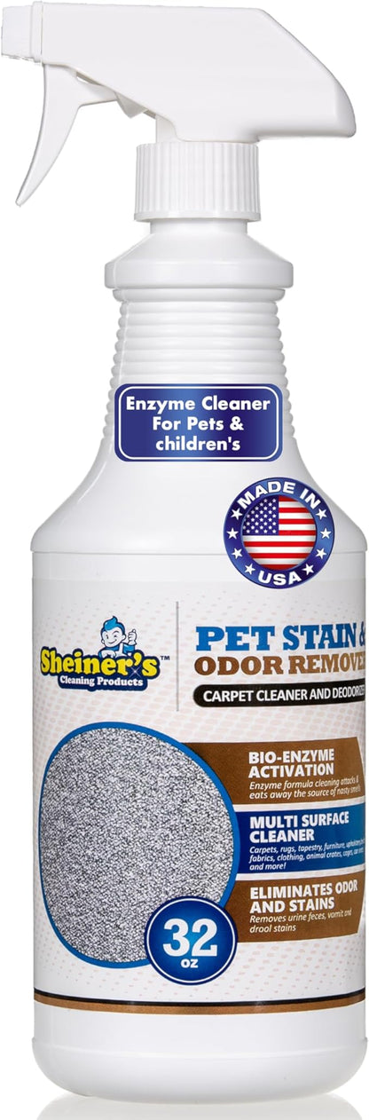Sheiner's Pet Stain & Odor Remover, Professional Strength Bio-Enzyme Powered Carpet Cleaner, and Spot Eliminator, for Dogs, Cats, Small Animals and Pets, 32 Oz Spray