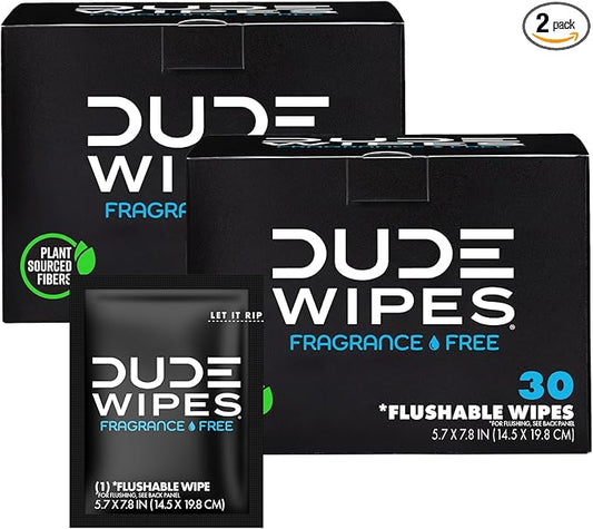 DUDE Wipes - On-The-Go Flushable Wipes - 2 Pack, 60 Wipes - Unscented Extra-Large Individually Wrapped Adult Wet Wipes - Vitamin E & Aloe - Septic and Sewer Safe