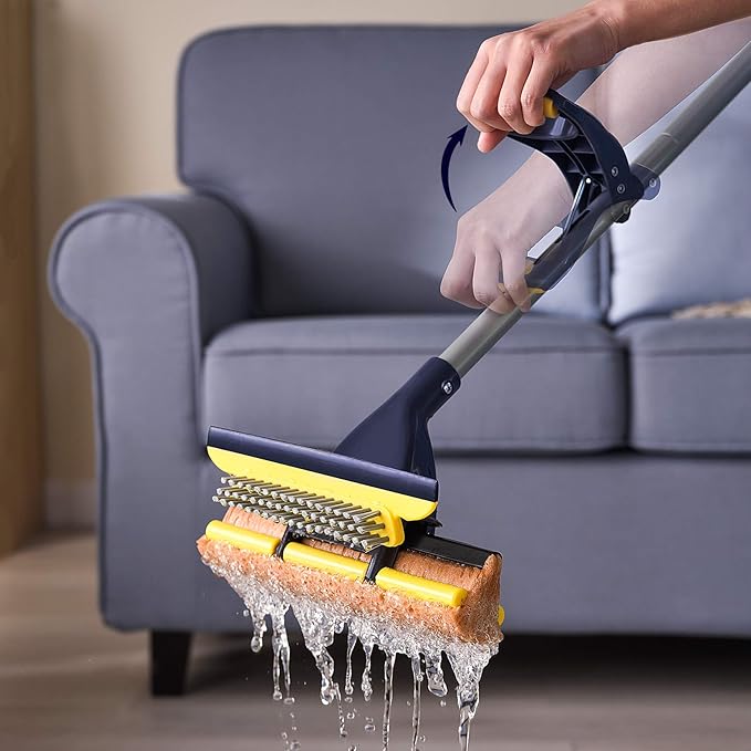 Yocada Sponge Mop Home Commercial Use Tile Floor Bathroom Garage Cleaning with Squeegee and Extendable Telescopic Long Handle 42-52 Inches Easily Dry Wringing