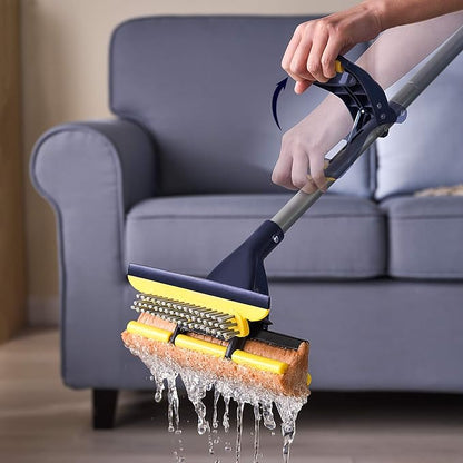 Yocada Sponge Mop Home Commercial Use Tile Floor Bathroom Garage Cleaning with Squeegee and Extendable Telescopic Long Handle 42-52 Inches Easily Dry Wringing