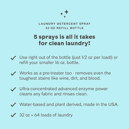 Clean Mama Laundry Detergent Spray & Pre-Treater Refill - Natural Laundry Detergent Soap for Sensitive Skin - Eco-Friendly, HE Compatible - Clean Laundry Scent - 64+ Loads of Laundry, 32 oz