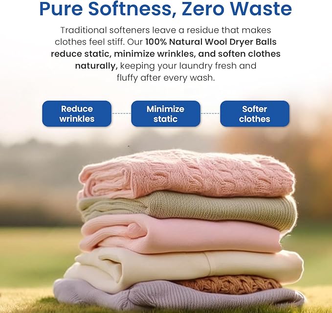 100% New Zealand Wool Dryer Balls – Premium Reusable Natural Fabric Softener – Hypoallergenic, Chemical-Free & Eco-Friendly Laundry Softening – Reduces Drying Time by 30% - 6 Pack