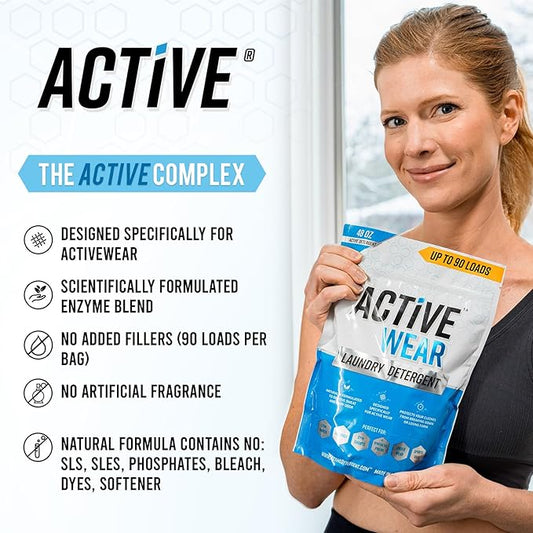 Active Wear Laundry Detergent & Soak - Formulated for Sweat and Workout Clothes - Natural Performance Concentrate Enzyme Booster Deodorizer - Powder Wash for Activewear Gym Apparel (90 Loads)