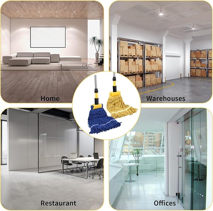 Commercial Mop, Looped-End String Industrial Mop, Heavy Duty Mops with 2 String Mop Heads for Floor Cleaning, Blue and Yellow