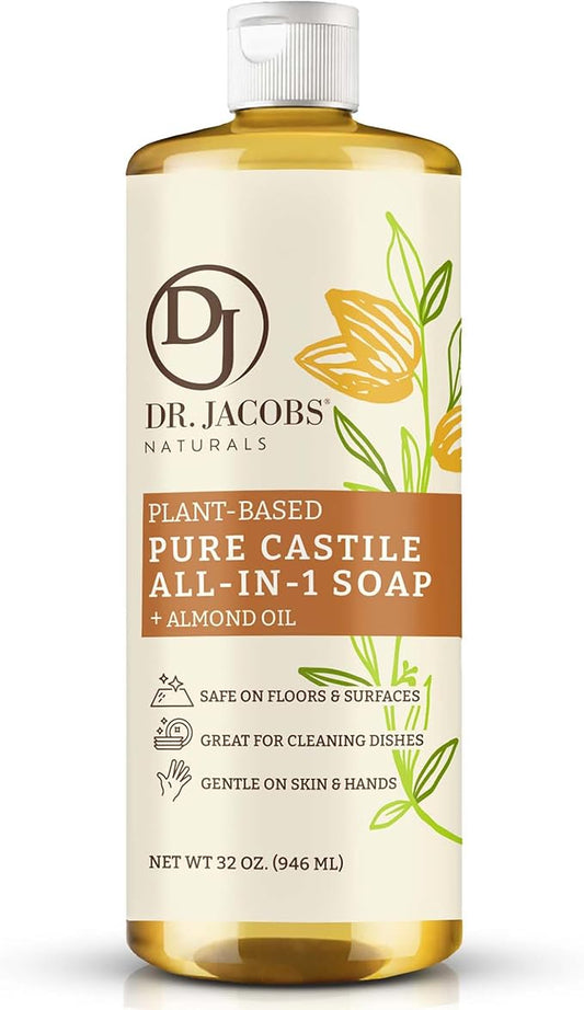 Dr. Jacobs Naturals Almond Castile All-In-One Cleaner and Soap, Effective Plant-Based Formula for House Cleaning Floors & Appliances. Eco-friendly for Home Essentials and the Planet (32 Fl Oz, 1 Pack)
