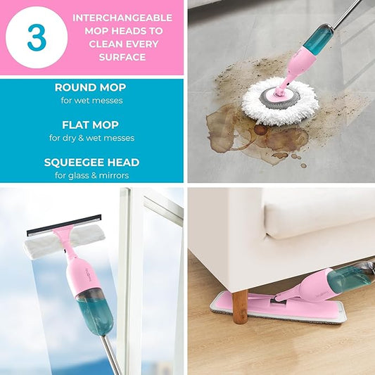 True & Tidy® Clean Everywhere Spray Mop Kit with Three Interchangeable Heads and Refillable Tank- Includes Flat Head, Round Mop, Window Squeegee (Pink)