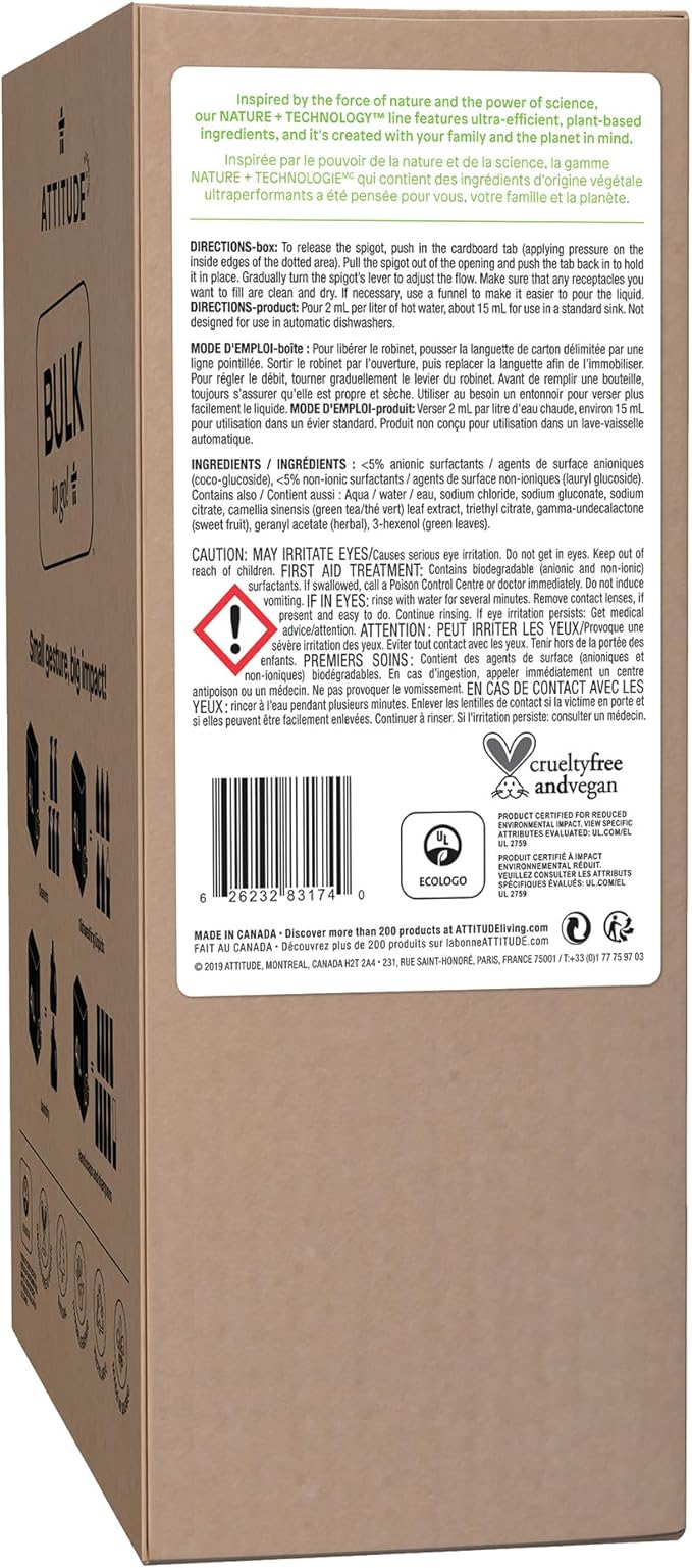 ATTITUDE Dishwashing Liquid, EWG Verified, Vegan Dish Soap, Plant Based, Naturally Derived Products, Green Apple and Basil, Bulk Refill, 135.3 Fl Oz (Pack of 2)