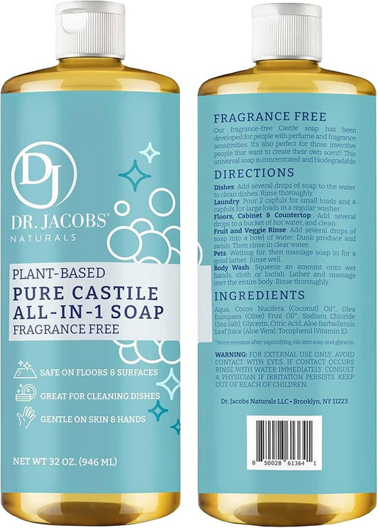 Dr. Jacobs Naturals Fragrance Free Castile All-In-One Cleaner and Soap, Effective Plant-Based Formula for House Cleaning. Eco-friendly for Home Essentials and the Planet (32 Fl Oz, 2 Pack)