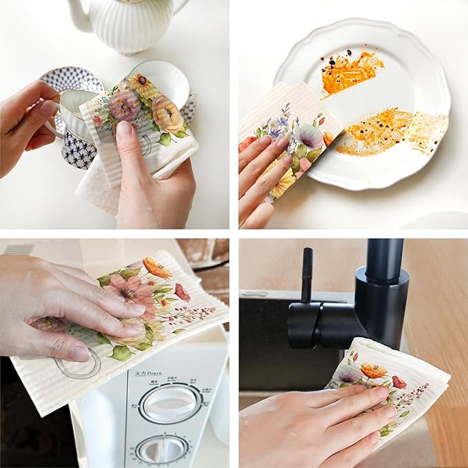 Morigins Spring Flowers Bird Swedish Dish Cloths - 6 Pack Reusable Compostable Kitchen Cloth, Cellulose Sponge Dish Towel Set