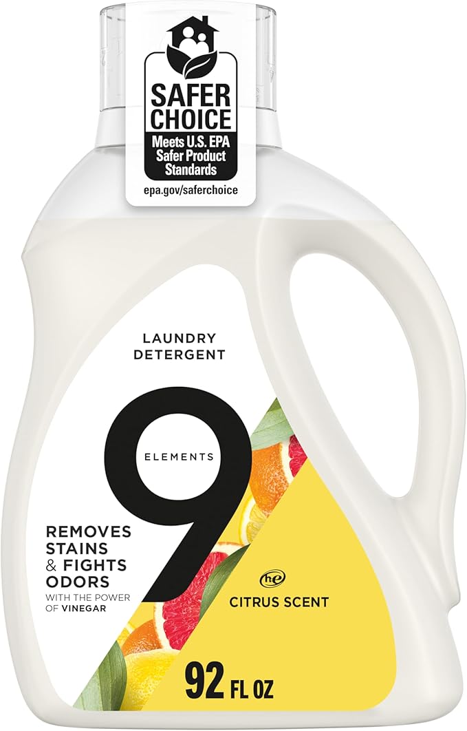 9 Elements Natural Laundry Detergent Liquid Soap, Citrus Scent, Vinegar Powered, 92 Fl Oz, 1 Count, Laundry Detergent Liquid, Washing Detergent
