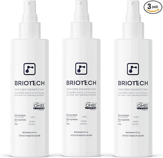 BRIOTECH Sanitizer Disinfectant Hypochlorous Spray, Kills 99.99% of Viruses & Bacteria, Eliminate Odor, Gentle for Nurseries & Play Rooms, Food Contact Surface Sanitizer, 4 fl oz ea, 3 ct