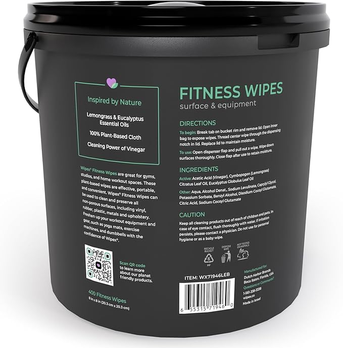 Plant Based Gym Wipes by Wipex, Natural Surface & Equipment Cleaning with Lemongrass, Eucalyptus & Vinegar for Home or Fitness Studio, Great on Yoga Mats, Peloton Bike, 400 Count (Pack of 2)