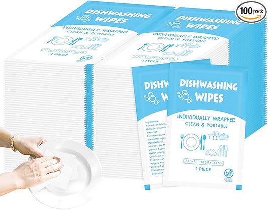 Dish Cleaning Wipes Individually Wrapped, Portable Kitchen Disposable Dishwashing Soap Wipes Bulk Travel Size Small Quick Cleaning Wipes for Outdoor Traveling/Camping/Hotel 7.1 x 7.1 inch (100 Pack)