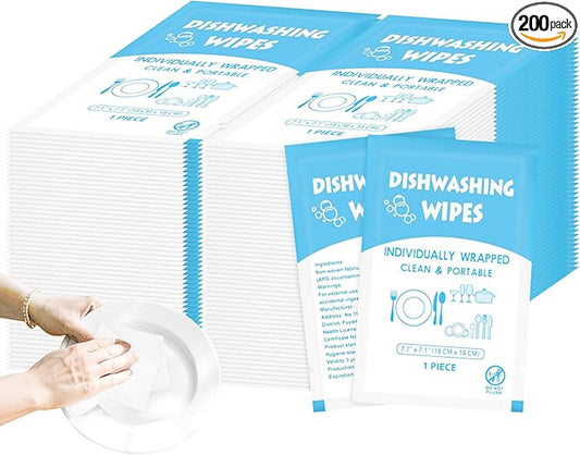 Dish Cleaning Wipes Individually Wrapped, Portable Kitchen Disposable Dishwashing Soap Wipes Bulk Travel Size Small Quick Cleaning Wipes for Outdoor Traveling/Camping/Hotel 7.1 x 7.1 inch (200 Pack)
