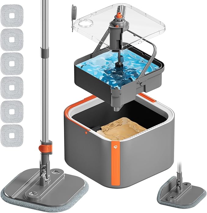 Upgraded Spin Mop and Bucket Set Self-Standing Rod Separate Dirty and Clean Water System Self Wringing 360° Rotating 90° Foldabl for Hard Floor Cabinet Windows Wall（Dark Gray, 6Pads