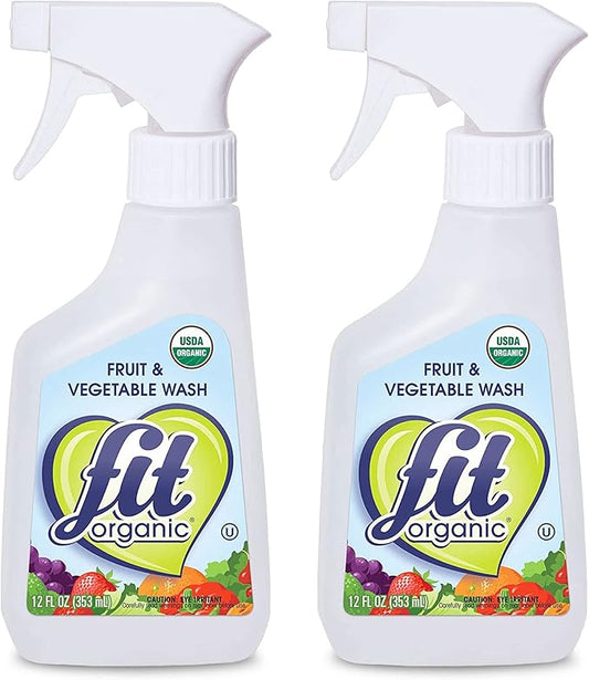 FIT Organic Fruit and Vegetable Wash, Spray Bottle, White, Clear, 12 Fl Oz 2 Pack