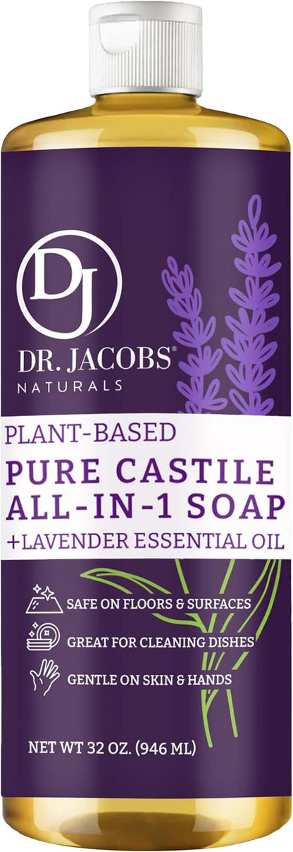 Dr. Jacobs Naturals Lavender Castile All-In-One Cleaner and Soap, Effective Plant-Based Formula for House Cleaning. Eco-friendly for Home Essentials and the Planet (32 Fl Oz, 1 Pack)