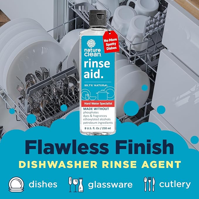 Nature Clean Natural Dishwasher Rinse Aid Liquid, Plant-Based Dishwasher Drying Agent with 99.7% Natural Ingredients, Unbelievable Power and No Nasty Chemicals. Hard Water Stain Remover. 8 oz 2-pack