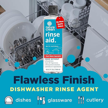 Nature Clean Natural Dishwasher Rinse Aid Liquid, Plant-Based Dishwasher Drying Agent with 99.7% Natural Ingredients, Unbelievable Power and No Nasty Chemicals. Hard Water Stain Remover. 8 oz 2-pack