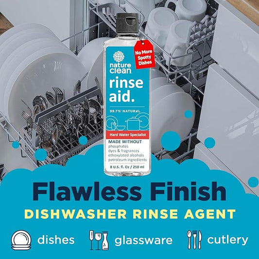 Nature Clean Natural Dishwasher Rinse Aid Liquid, Plant-Based Dishwasher Drying Agent with 99.7% Natural Ingredients, Unbelievable Power and No Nasty Chemicals. Hard Water Stain Remover. 8 oz 2-pack