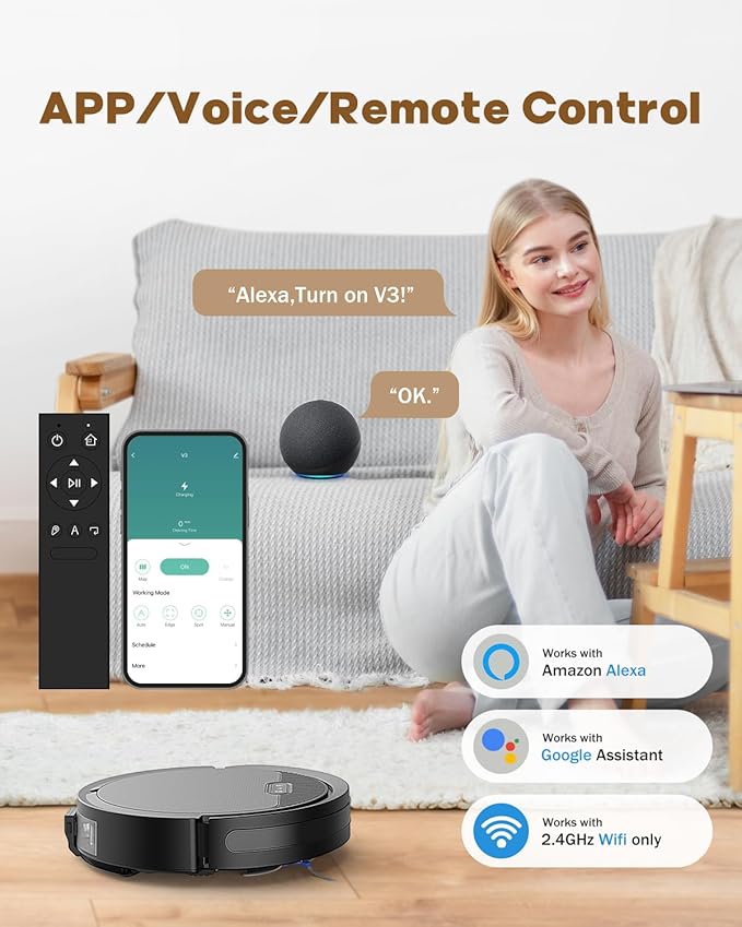 V3 3 in 1 Robot Vacuum and Mop with 5000Pa Suction Power, Works with 2.4GWifi/ Alexa/App/, Self-Charging Vacuum Cleaner, Tangle-Free, Ideal for Pet Hair,Carpet and Hard Floor