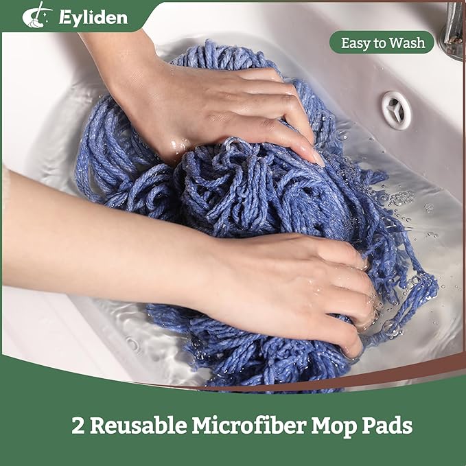 Eyliden String Mop with 2 Reusable Heads, Non-Touch Replacement Mops for Floor Cleaning, 4 Scouring Pads Adjustable Handle Floor Mop, Wet and Dry Cotton Mop for Any Surfaces, Commercial Home, Blue