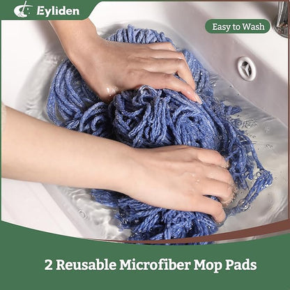 Eyliden String Mop with 2 Reusable Heads, Non-Touch Replacement Mops for Floor Cleaning, 4 Scouring Pads Adjustable Handle Floor Mop, Wet and Dry Cotton Mop for Any Surfaces, Commercial Home, Blue