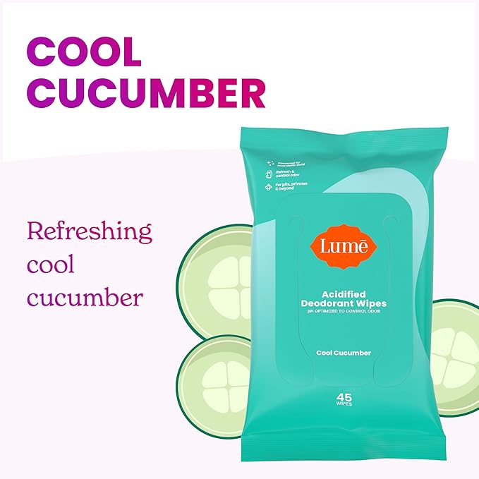 Lume Acidified Deodorant Wipes - 24 Hour Odor Control - Aluminum Free, Baking Soda Free, Skin Loving - 45 Count (Pack of 2) (Cool Cucumber)