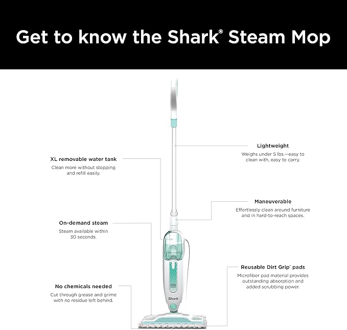 Shark S1000 Steam Mop with 2 Dirt Grip Pads, Lightweight, Safe for all Sealed Hard Floors like Tile, Hardwood, Stone, Laminate, Vinyl & More, Machine Washable, Removable Water Tank, White/Seafoam