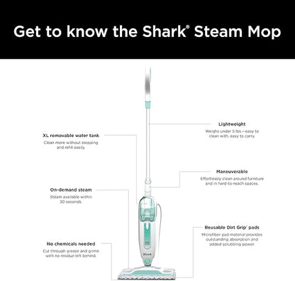 Shark S1000 Steam Mop with 2 Dirt Grip Pads, Lightweight, Safe for all Sealed Hard Floors like Tile, Hardwood, Stone, Laminate, Vinyl & More, Machine Washable, Removable Water Tank, White/Seafoam