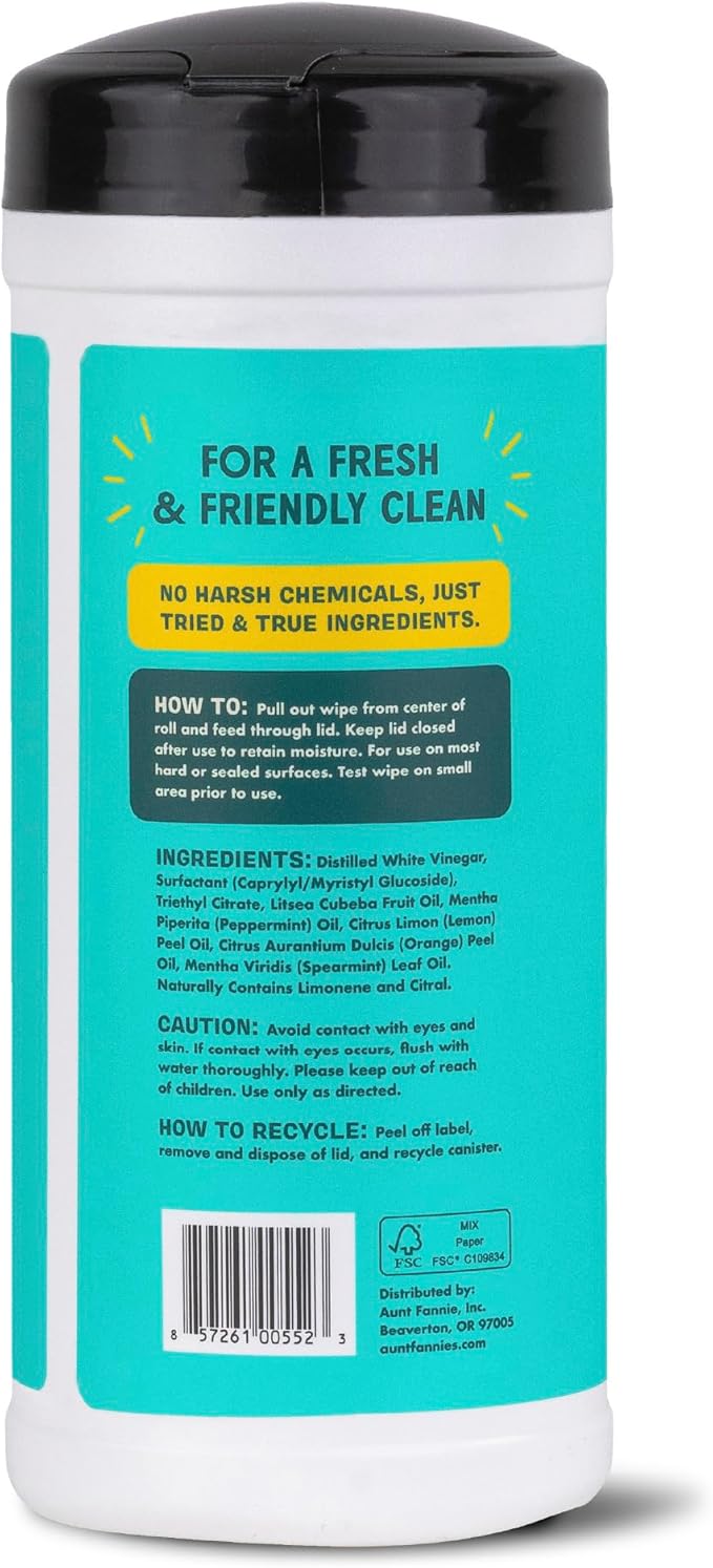 Aunt Fannie's Natural Cleaning Vinegar Wipes, Multipurpose Surface Cleaner, Bright Lemon Scent, 35 Count (Pack of 1)