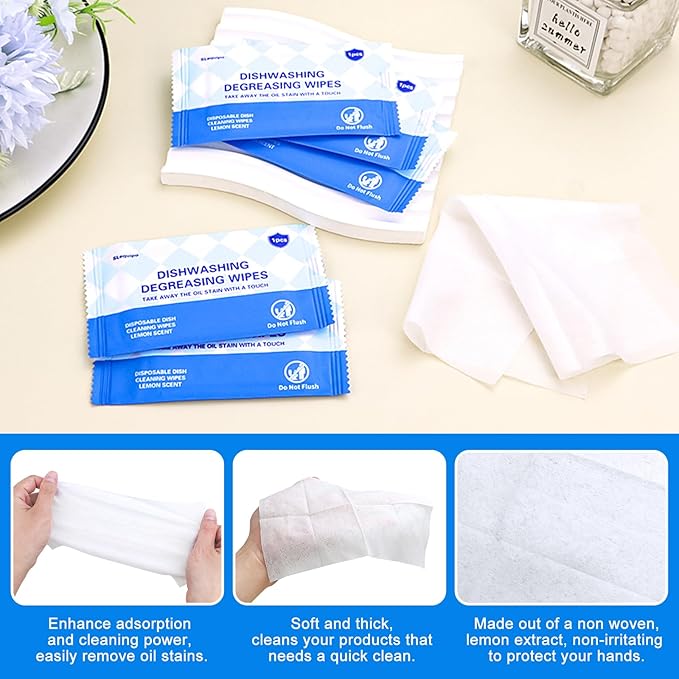 100 Pcs Dish Cleaning Wipes Individually Wrapped - Portable Travel Dish Soap Wipes, Lemon Scent