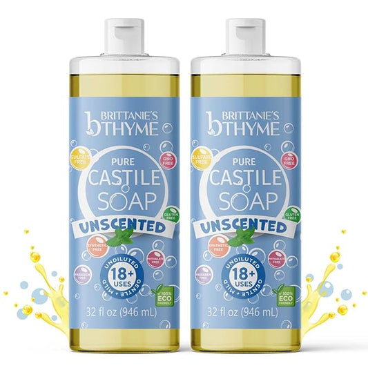 Brittanie’s Pure Castile Liquid Soap Refill, Unscented, 32 Ounce Pack of 2 | Dish Soap, Hair & Body, Home, Gentle and Pure, Made with Natural Luxurious Oils, Vegan & Gluten Free Non-GMO
