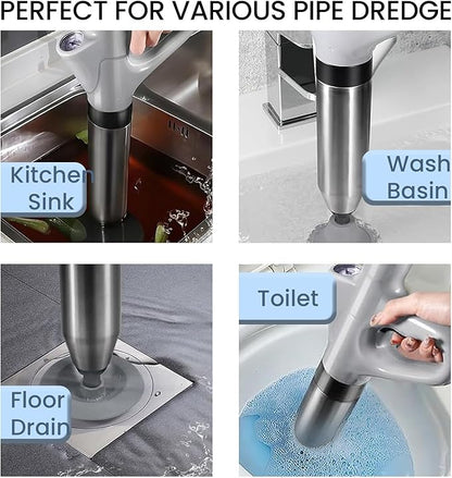 Plunger Toilet Pneumatic Drain Cleaner with Real-Time Air Pressure Gauge, Sewer Snake Clog Removal Tool, High Pressure Sewer Jet Gun for Sink, Bathroom and Kitchen Plumbing