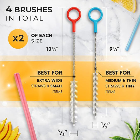 Heavy Duty Cleaning Brushes Set of 4 - Extra Long Straw Cleaners for Metal and Plastic Reusable Drinking Straws, to Clean Small Spaces, Sippy Cups, Water Bottles - Sturdy Hard Brush Bristles
