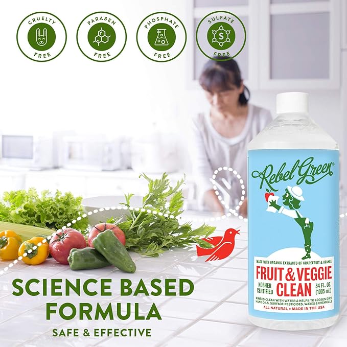 Rebel Green Fruit & Veggie Wash - Natural Produce Wash - Plant-Based, Sustainable Fruit and Vegetable Wash with No Aftertaste (32oz Refill Bottle)