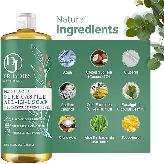 Dr. Jacobs Naturals Eucalyptus Castile All-In-One Cleaner and Soap, Effective Plant-Based Formula for House Cleaning. Eco-friendly for Home Essentials and the Planet (32 Fl Oz, 2 Pack)