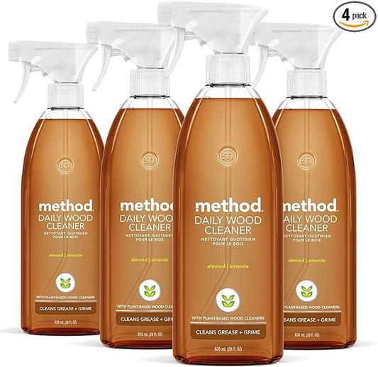 Method Daily Hardwood Cleaner, Almond, Plant-Based Formula That Cleans Shelves, Tables and Other Wooden Surfaces While Removing Dust & Grime, 28 Fl Oz, (Pack of 4)