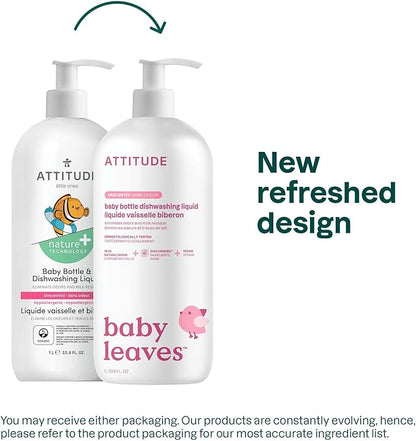 ATTITUDE Baby Dish Soap and Bottle Cleaner, EWG Verified Dishwashing Liquid, No Added Dyes or Fragrances, Tough on Milk Residue and Grease, Vegan, Unscented, 33.8 Fl Oz (Pack of 6)
