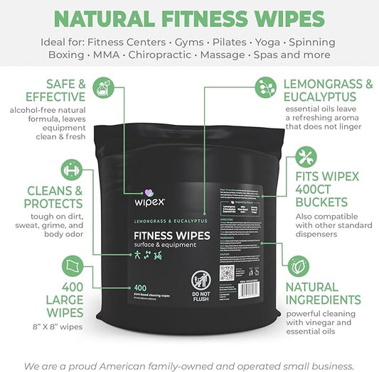 Wipex Gym Wipes for Equipment Bundle – Get 1600 Wipes with (2) Lemongrass & Eucalyptus Buckets & (2) Refill Rolls, Plant-Based Fitness Equipment Wipes, Clean Surfaces & Gear, 400 Count (Pack of 4)