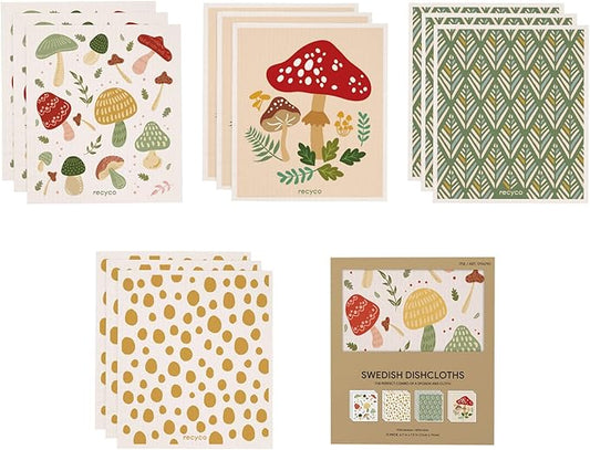 RECYCO Reusable Dish Cloth 12 Pack Swedish Dish Clothes for Kitchen Counter Cotton Cellulose Absorbent Machine Washable Plant Based Okeo Tex Standard 100 Sponge Wipes Women Owned (Mushroom)