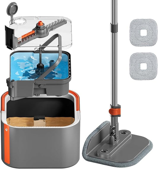 Upgraded Spin Mop and Bucket System Set, Self Separate Clean and Dirty Water, Foldable Square Standing Mop Head with Microfiber Mop Pads, Detachable Bucket (Grey+Orange, Mop Set with 2PC Pads)