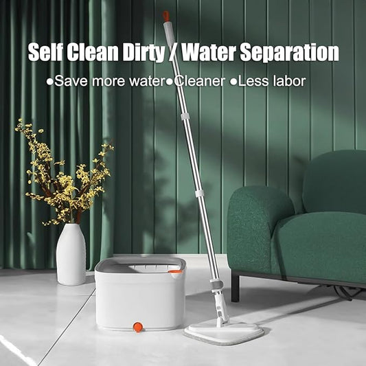 Spin Mop and Bucket Set with Self Separation System 360° Spinning Self-Wringing, Square Clean Mop and Bucket with Wringer-with Replaceable Mop (Light Grey Mop and Bucket Set 2pads)