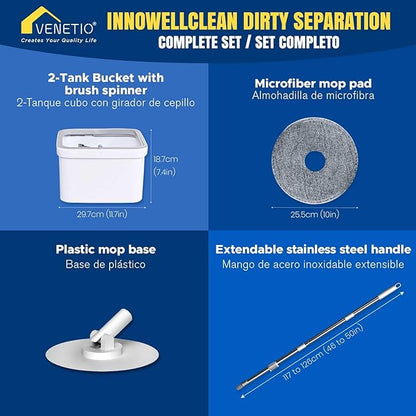 VENETIO Dirty Separation Spin Mop and Bucket Set Floor Cleaning System with Self Wringing/Dry/Wet All-in-One, Reusable Microfiber Mop for Home Hardwood, Laminate, Tile - Ideal for Pet Owners (1 Pad)