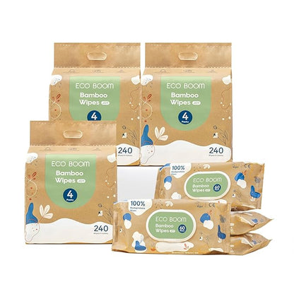 ECO BOOM bamboo Baby Wipes | natural | 100% Plant-Based | Unscented & Hypoallergenic for Sensitive Skin | 99% Water | 16 Pack, 960 Count Bulk Buy