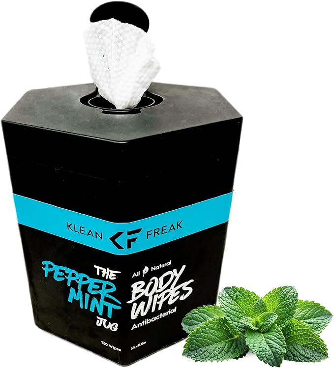 Body Wipes - for Face and Body, No Water, Wipe Away Sweat and Odor, Large Textured, Travel, Gym, Camping and More, 120 Cnt Jug (Peppermint)