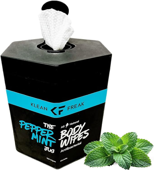 Body Wipes - for Face and Body, No Water, Wipe Away Sweat and Odor, Large Textured, Travel, Gym, Camping and More, 120 Cnt Jug (Peppermint)