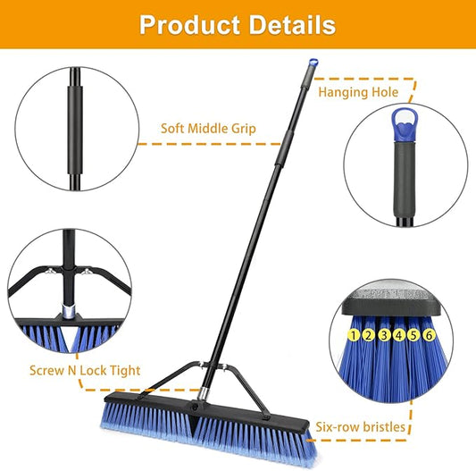 24 inches Push Broom Outdoor Heavy Duty Broom for Deck Driveway Garage Yard Patio Concrete Floor Cleaning-Blue