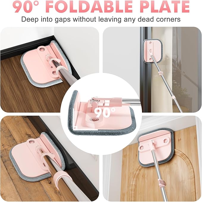 Upgraded Spin Mop and Bucket Self-Standing Mop Bucket Separate Dirty and Clean Water System Self Wringing 360° Rotating & 90° Foldabl Mops and Buckets for Floor Cleaning (Pink, 14Pads)