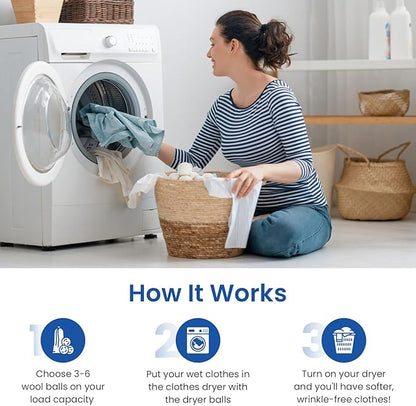 100% New Zealand Wool Dryer Balls – Premium Reusable Natural Fabric Softener – Hypoallergenic, Chemical-Free & Eco-Friendly Laundry Softening – Reduces Drying Time by 30% - 6 Pack